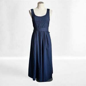 By the River Sleeveless Belt Tie Strap A-Line Midi Dress - Navy